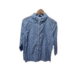 NWOT Vtg NOS April Cornell Button Down Shirt L Blue Floral Roll Sleeve Prairie